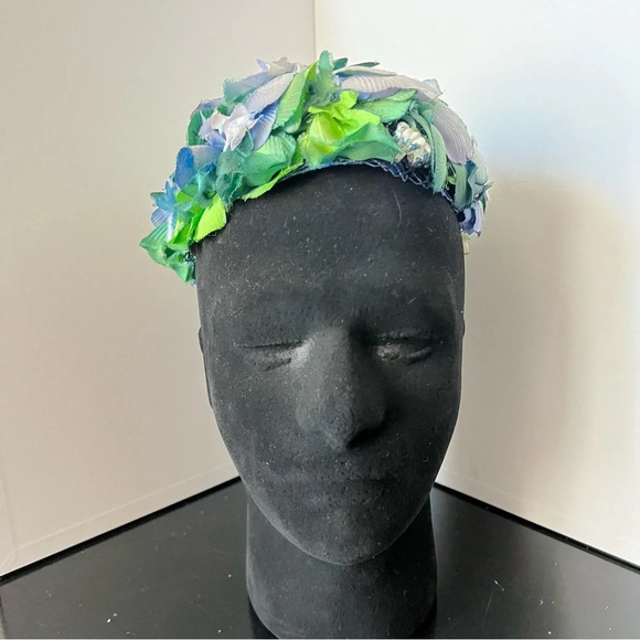 Elegant Vintage Modern Miss Blue Green Floral Pillbox Hat - Picture 3 of 12